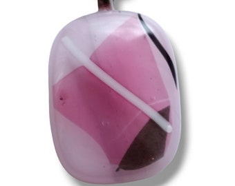 Handmade Fused Glass Pendant Pink and Black Abstract Geometric Corrine Thorne Glass Artist great gift idea