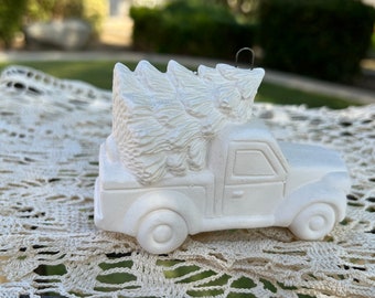 Retro Pick Up Truck with Tree Ornament Ceramic Bisque | Holiday Christmas Decor | Ready to Paint, DIY | Christmas