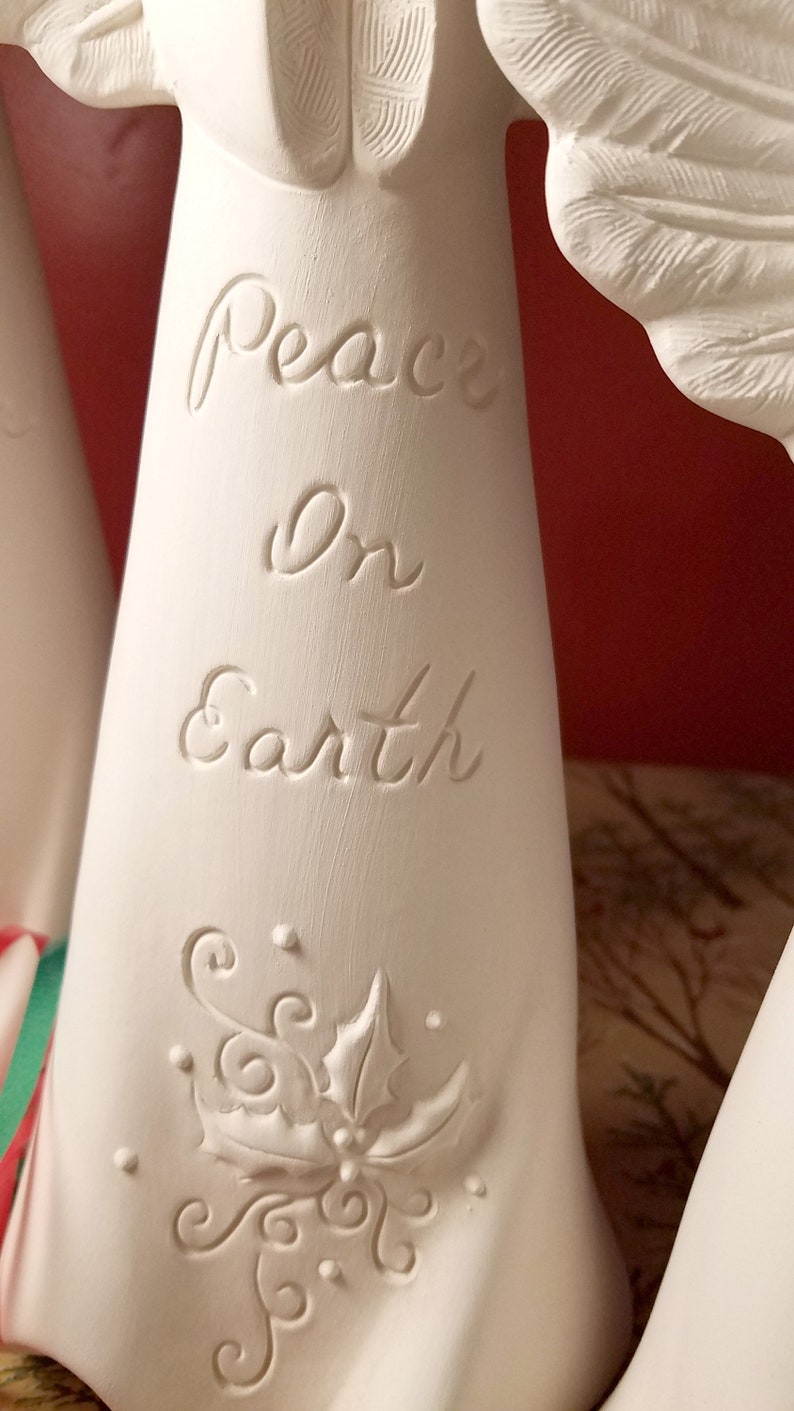 Christmas Verse Angels Ceramic Bisque SET of 4 Hark Glory Peace Good Will Ready to Paint, DIY Christmas image 4