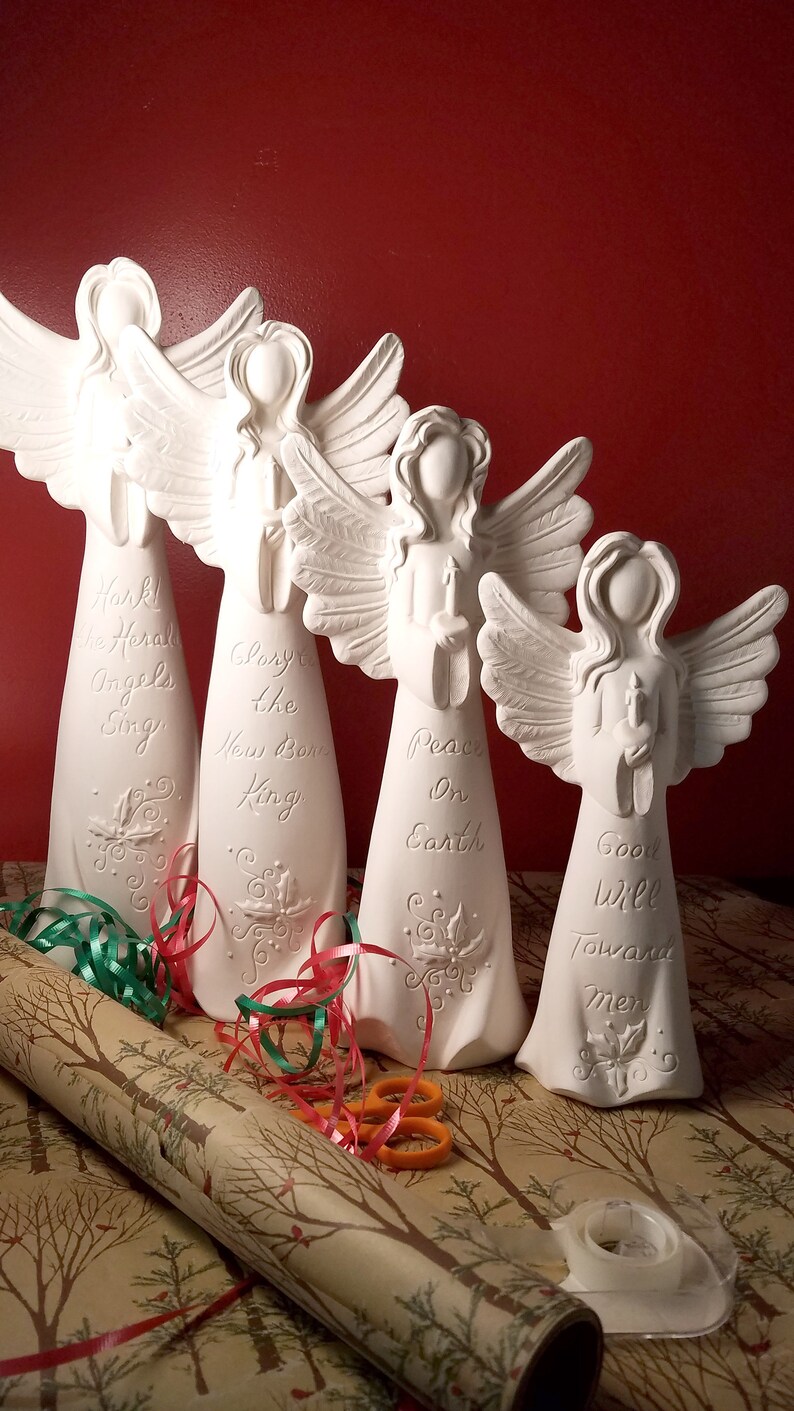 Christmas Verse Angels Ceramic Bisque SET of 4 Hark Glory Peace Good Will Ready to Paint, DIY Christmas image 1