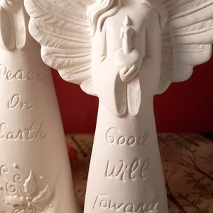 Christmas Verse Angels Ceramic Bisque SET of 4 Hark Glory Peace Good Will Ready to Paint, DIY Christmas image 2