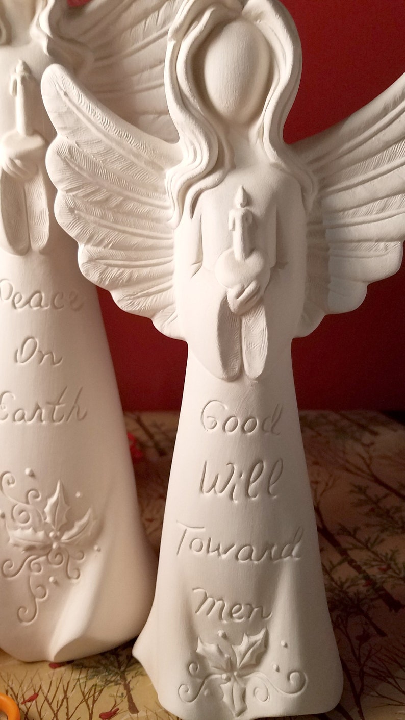 Christmas Verse Angels Ceramic Bisque SET of 4 Hark Glory Peace Good Will Ready to Paint, DIY Christmas image 2