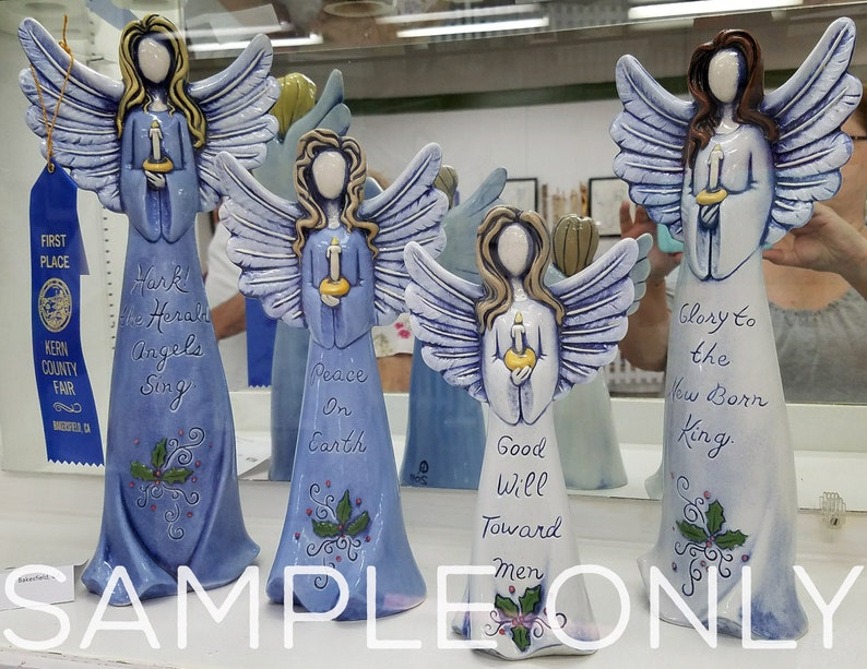 Christmas Verse Angels Ceramic Bisque SET of 4 Hark Glory Peace Good Will Ready to Paint, DIY Christmas image 9