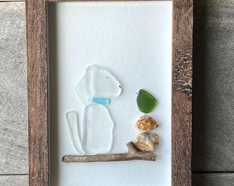 Sea Glass Dog Art, Coastal Decor, Beach Glass Picture, Framed 5x7 Artwork