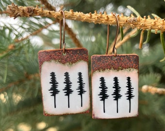 Enameled Copper Rustic Pinetree Earrings