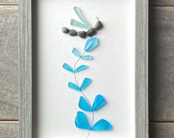 Handmade Sea Glass Dragonfly Art, Coastal Botanical Wall Decor, Beach Glass Gift (6x8 Frame)
