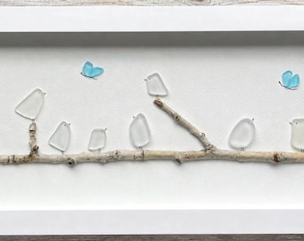 Sea Glass Birds on Branch Art, Coastal Wall Decor, Framed Beach Art