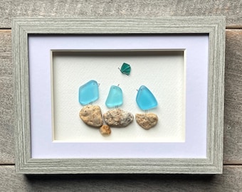 Blue Sea Glass Bird Art, Framed Coastal Beach Decor, Family of three Gift (6x8)