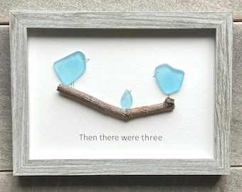 Sea Glass Bird Family Art, Coastal Wall Decor, New Baby Gift (6x8)