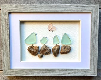 Sea Glass Family of Four Birds Art, Coastal Wall Decor (6x8)