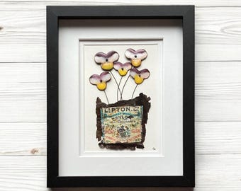 Handmade Enameled Copper Flower Art, Rustic Framed Wall Decor 8x10