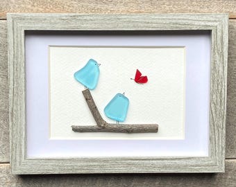 Sea Glass Bird Art with Butterfly, Framed Beach Glass Art, Coastal Wall Decor, Bird Lover Gift