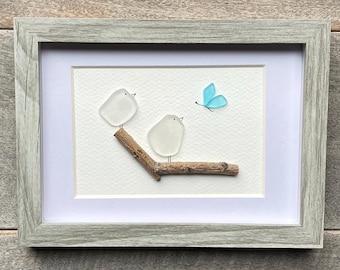 Sea Glass Birds Art, Coastal Wall Decor, Framed Beach Glass (6x8)