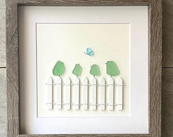 Sea Glass Bird Art, Coastal Wall Decor, Framed Beach House Gift 9x9