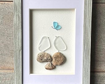 Sea Glass Bird Couple, Coastal Wall Decor, Framed Beach Glass Art (6x8)