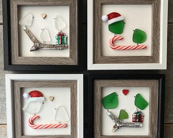 Sea Glass Bird Art, Coastal Christmas Decor, Tiered Tray or Shelf Display (4x4 Inch Frame)