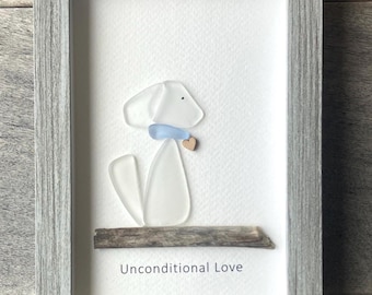 Sea Glass Dog Art, Coastal Decor, Framed Beach Dog Picture (5x7)