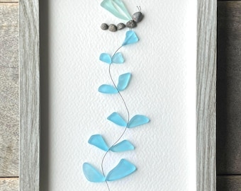 Sea Glass Dragonfly Art, Coastal Wall Decor, Handmade Beach Glass, Framed 6x8