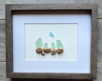 Sea Glass Bird Art, Coastal Wall Decor, Beach House Gift (9x11)