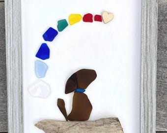 Sea Glass Dog Art, Rainbow Bridge, Pet Loss, Framed 6x8, Dog Memorial Gift