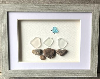 Sea Glass Bird Family Art, Coastal Wall Decor, Framed Beach Birds (6x8)