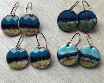 Mountain Landscape Enamel Penny Earrings, Handmade Copper Dangle Earrings, Nature Inspired Jewelry