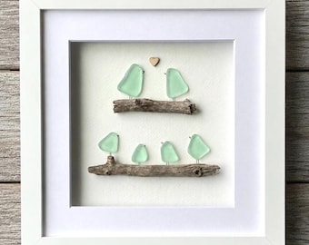 Sea Glass Bird Family Art, Coastal Driftwood Wall Decor 9x9