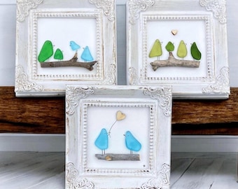 Sea Glass Bird Art, Coastal Home Decor, Beach Glass Birds, Mini Framed Art,  Bird Lover Gift, Shelf or Desk Decor 4x4