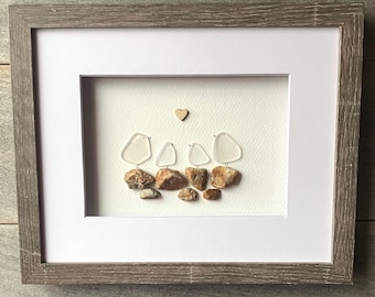 Sea Glass Bird Family Art, Framed Coastal Wall Decor, Family of Four Gift (9x11)