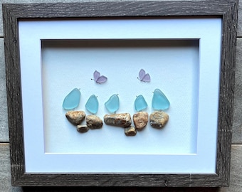 Sea Glass Bird Family Art, Framed Coastal Wall Decor, Handmade Beach Glass Birds, Family of 5 Gift 9x11