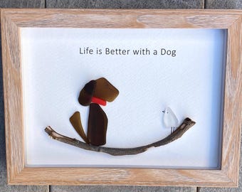 Sea Glass Dog Art, Beach Glass Picture, Framed 6x8 Wall Decor