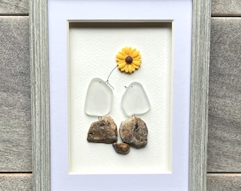 Sea Glass Bird Art, Coastal Wall Decor, Pebble Art, Framed (6x8)