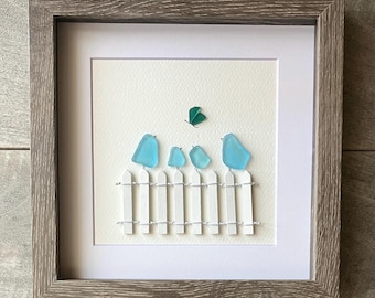 Framed Sea Glass Birds Butterfly Art, Coastal Blue Bird Decor