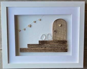 Sea Glass Lovebirds Art, Reclaimed Barnwood Coastal Decor, Wedding Anniversary Gift (9x11)
