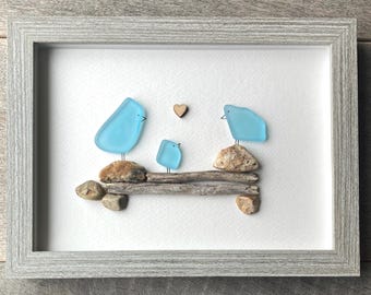 Sea Glass Bird Art Family of Three, Coastal Wall Decor, Framed Beach Art 6x8