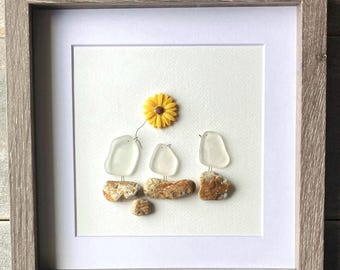 Sea Glass Family Bird Art, Framed Coastal Wall Art, Beach Glass Picture 9x9