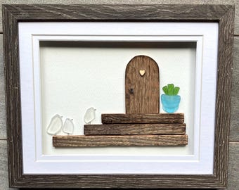 Sea Glass Bird Family Art, Coastal Wall Decor, Rustic Home Decor, Family of Three Gift (9x11)