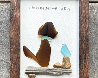 Handmade Sea Glass Dog Art with Bird, Coastal Beach Decor (5x7 Frame)