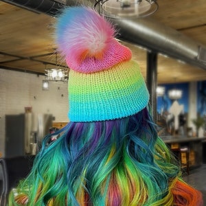 Ready to Ship Rainbow Beanie, TikTok Beanie, Rainbow Pom, Knit Rainbow Beanie, Neon Hat, Adult & Child Sizes