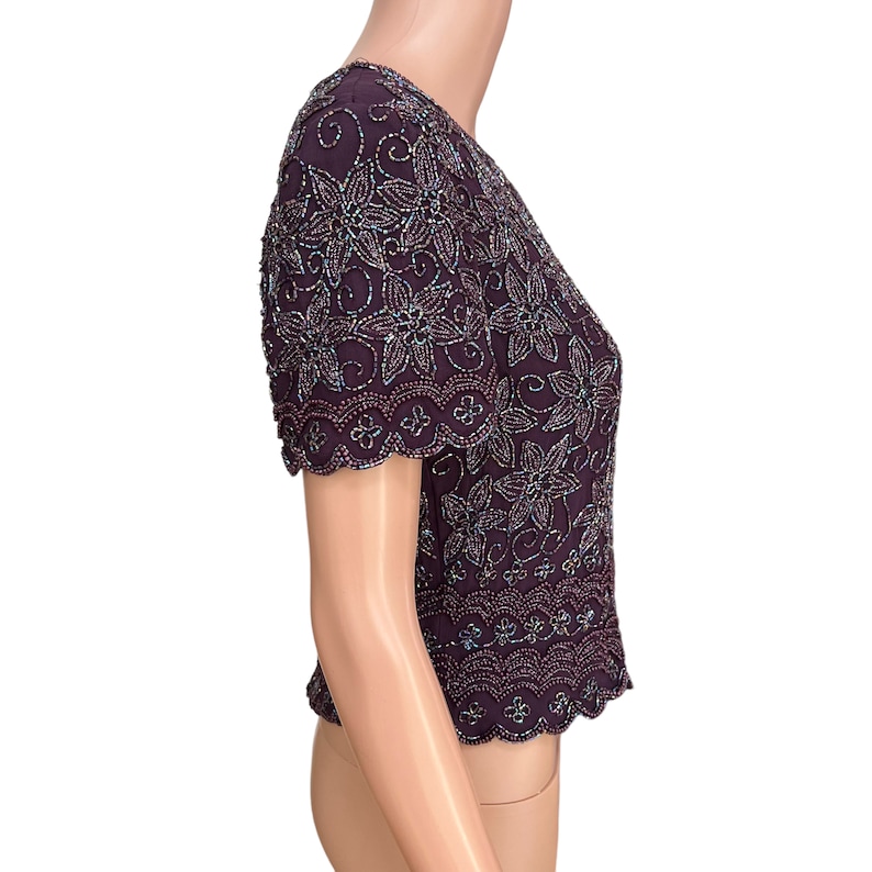 Adrianna Papell Boutique Glass Beaded Silk Short Sleeve Top blouse sz 8 vintage image 3