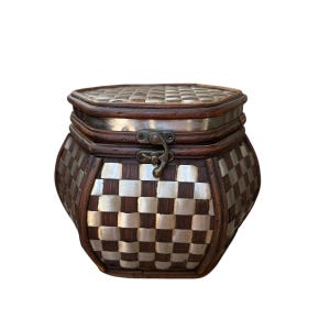Vintage Bamboo Metal Inlay Decorative Storage Box – Handcrafted Hexagon Trinket