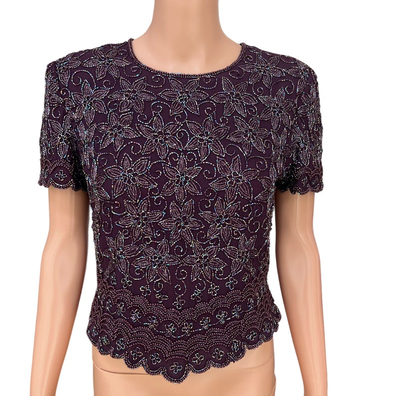 Adrianna Papell Boutique Glass Beaded Silk Short Sleeve Top blouse sz 8 vintage image 1