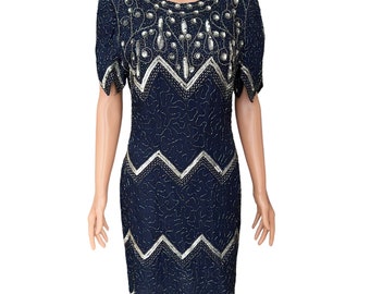 Laurence Kazar  vintage Women's Navy Silver Beaded Sequin Silk Dress Size PM