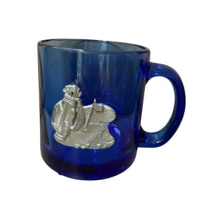 Vintage Cobalt Blue glass Pewter golf clubs bag Coffee Tea Hot Drink Mug