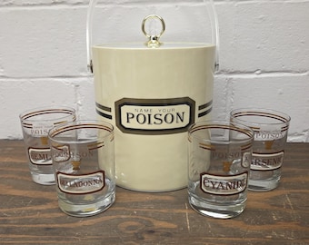 Vintage MCM Cera Name Your Poison Ice Bucket and Set of 4 Old Fashioned Glasses 14oz  New/Unused