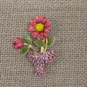 Vintage Enamel and Rhinestone Pink Flower Floral Bouquet Basket Brooch
