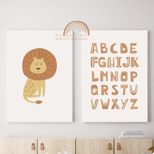 Alphabet Nursery Print, Baby Room Poster, Animals Prints For Nursery, Lion Nursery Decor, Set of 2 Print, Nursery Print Art, Kids Room Art