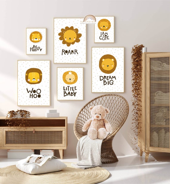 Eviepops Prints Decorazione da Parete Bimbo Safari – Set di 3 Stampe Senza Cornice per Cameretta Bambina o Bambino – Animali (Elefante, Giraffa, Leone) – A4