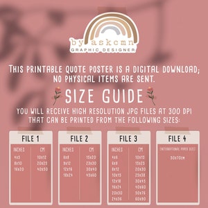 May include: A digital printable quote poster with a size guide. The poster includes sizes in inches and centimeters, such as 4x5 inches (10x12 cm), 8x10 inches (20x25 cm), and 16x20 inches (40x50 cm). The poster is a digital download.