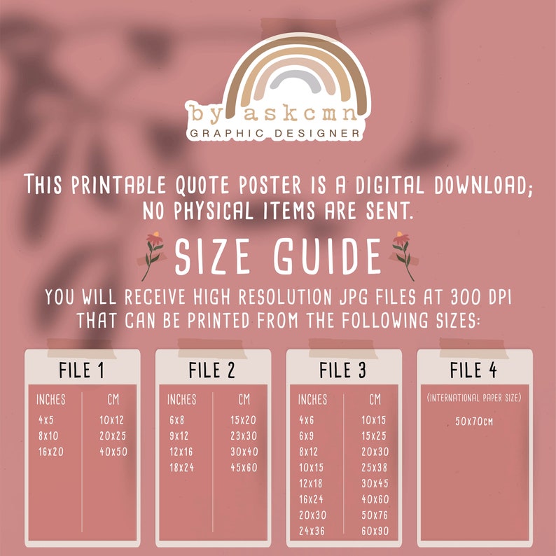 May include: A digital printable quote poster with a size guide. The poster includes sizes in inches and centimeters, such as 4x5 inches (10x12 cm), 8x10 inches (20x25 cm), and 16x20 inches (40x50 cm). The poster is a digital download.